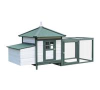 PawHut Poulailler Cottage Multi-Équipement Perchoir 196x76x97cm Vert Blanc | Perchoir, Rampe, Pondoir, Enclos, Tiroir à Déjection, Bois Massif Pin