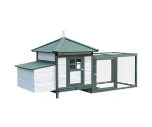PawHut Poulailler Cottage Multi-Équipement Perchoir 196x76x97cm Vert Blanc | Perchoir, Rampe, Pondoir, Enclos, Tiroir à Déjection, Bois Massif Pin