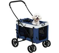 PawHut Poussette 2-en-1 pliable pour chien & chat jusqu'à 10 kg Bleu | Poussette pour chat, coussin, fenêtre en mesh, portes, panier de rangement, chariot pour chat, buggy