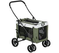 PawHut Poussette 2 en 1 Pliable pour Chien et Chat jusqu'à 10 kg avec Coussin, fenêtres en Filet, Portes, Panier de Rangement, Vert foncé