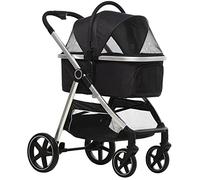 PawHut Poussette 2 en 1 pour chien et chat, avec siège auto, sac de transport, coussin jusqu'à 15 kg, pliable, avec freins, fenêtre en filet, laisse de sécurité, noire