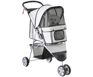 PawHut Poussette buggy pliable animaux, chariot pliant chien chat, porte-gobelet panier de rangement inclus, roues avec frein, tissu 600D Oxford acier, 75 x 45 x 97 cm gris