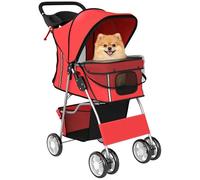 PawHut Poussette buggy pliable animaux chariot pliante imperméable chien chat housse de pluie incluse porte-gobelet panier de rangement roues avec frein tissu 600D Oxford acier rouge