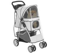PawHut Poussette buggy pliable animaux chariot pliante imperméable chien chat housse de pluie incluse porte-gobelet panier de rangement roues avec frein tissu 600D Oxford acier gris