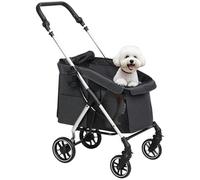PawHut Poussette buggy pliable pour chien, porte-gobelets, laisse de sécurité, roues avec frein à 360°, fenêtre à mailles, alliage d'aluminium, chariot pour chien chat petit et miniature, gris