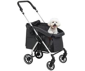 PawHut Poussette buggy pliable pour chien, porte-gobelets, laisse de sécurité, roues avec frein à 360°, fenêtre à mailles, alliage d'aluminium, chariot pour chien chat petit et miniature, gris