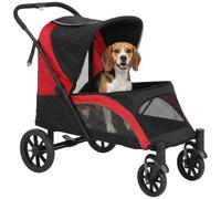 PawHut Poussette chien pliable pour chiens moyens 25 kg 4 roues Noir | Poussette animal, poussette chiot, grandes roues, cadre amortisseur, laisses sécurité, freins