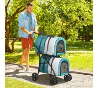 PawHut Poussette Double pour Chiens Chats Pliable avec 2 Sièges Auto Amovibles avec Ceinture et Coussins 66x50x98cm Vert et Gris