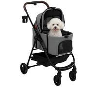 Pawhut Poussette pliable 3 en 1 pour petit chiot et chat avec sac de transport amovible, landau pour chien à 4 roues avec panier de rangement, laisses de siège, fenêtre en maille, gris