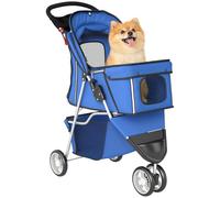 PawHut Poussette pliable chien porte-gobelet petits animaux Bleu | 3 roues, panier de rangement pour petits chats
