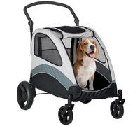 PawHut Poussette pliable pour chien avec 5 fenêtres 2 portes Poche de rangement Sangles de sécurité et de frein Tissu Oxford 300D Acier 107 x 72 x 102 cm Gris