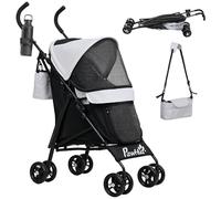 PawHut Poussette Pliable pour Chien et Chat avec fenêtre en Filet, bandoulière, Sac de Rangement, Porte-gobelet, Parapluie et Chat - Gris Clair