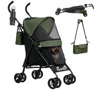 PawHut Poussette pliable pour chien et chat avec fenêtre en filet, bandoulière, sac de rangement, porte-gobelet, parapluie vert foncé