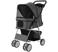 PawHut Poussette pliable pour chien poussette avec bandes réfléchissantes panier de rangement coussin pour petits chiens jusqu'à 10 kg 77x44x102 cm Gris foncé