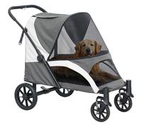 PawHut Poussette Pliable pour Grands Chiens et Chats jusqu'à 30 kg - avec Coussin, fenêtres en Filet, Portes, Sac de Rangement - avec laisses de sécurité, Freins - Gris foncé