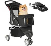 PawHut Poussette pliable pour petits animaux, porte-gobelet, noir | 3 roues, panier de rangement pour petits chats