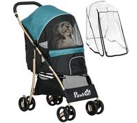 PawHut Poussette pour animal domestique, poussette pour chiens et chats de petite taille, poussette pour chien et chat avec housse de pluie, panier de rangement, laisses de sécurité, coussin, vert