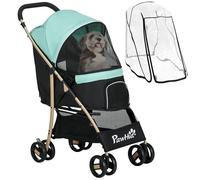 PawHut Poussette pour animal domestique, poussette pour chiens et chats de petite taille, poussette pour chien et chat avec housse de pluie, panier de rangement, laisses de sécurité, coussin, vert