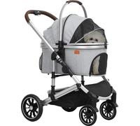 PawHut poussette pour chien 3 en 1 buggy pliable pour chiens et chats jusqu'à 10 kg buggy pour chat avec coussin porte-gobelet fenêtres en filet portes panier de rangement poussette pour chat gris cla