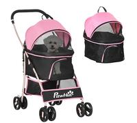 PawHut Poussette pour chien 3 en 1 pliable convertible en sac de transport, siège auto avec 2 lais, coussin, poussette pour animaux en acier, tissu Oxford, 82 x 49,5 x 98 cm, rose