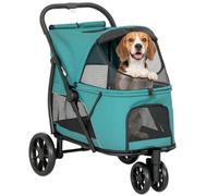 PawHut Poussette pour chien, 3 roues avec double entrée, vert foncé | Pliage rapide en un clic, fenêtres en maille, coussin lavable, buggy de voyage pour petits et moyens chiens et chats