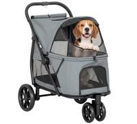 PawHut Poussette pour chien, 3 roues, double entrée, Gris | Pliage rapide en un clic, Fenêtres en maille, Coussin lavable, Buggy de voyage pour petits et moyens chiens et chats