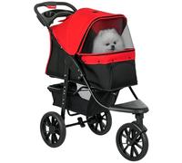 PawHut Poussette pour chien 3 roues tout-terrain EVA 12" - chariot pliable jusqu'à 25 kg avec frein, auvent ajustable, 2 laisses et porte-gobelet - transport pour petit chien et animaux agés, rouge