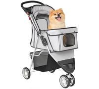 PawHut Poussette pour Chien 4 Roues, Chariot Pliable avec Frein, Auvent Réglable, Panier de Rangement, Porte-Gobelet, pour Petit Chiens et Animaux Agés, 77x44x102cm, Gris
