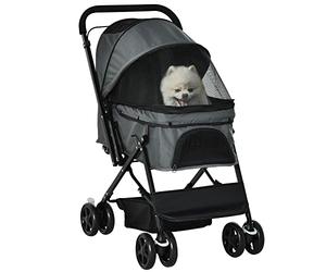 PawHut Poussette pour chien animaux de compagnie pliable avec 4 roues EVA guidon réglable panier et pochette de rangement - 76,5 x 52 x 95 cm gris