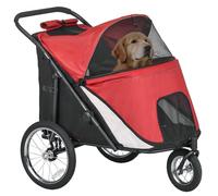 PawHut Poussette pour chien avec fenêtre en filet, poussette pliable avec laisse de sécurité, grandes roues en caoutchouc pour chiens de taille moyenne et grande jusqu'à 30 kg, Oxford, rouge