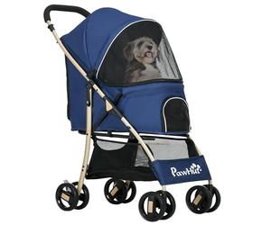PawHut Poussette pour chien buggy pliable chariot pliante panier de rangement laisses de sécurité, coussin inclus roues avec frein tissu 600D Oxford acier dim. 80L x 44,5l x 97H cm bleu foncé