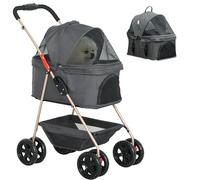 PawHut Poussette pour chiens 3 en 1 jusqu'à 4 kg, chariot poussette pliable avec sac de transport et panier inférieur, poussette pour petits chiens et chats avec laisse et porte-gobelets, gris
