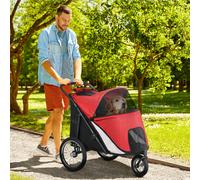 PawHut Poussette pour chiens, pliable, auvent relevable, coussin de couchage, cadre en acier, Rouge/Noir