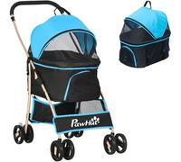 PawHut Poussette pour chiens pliable et convertible en transport avec 2 laisses et coussin, poussette pour chats en acier et tissu Oxford, 82 x 49,5 x 98 cm, bleu et noir