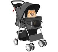 PawHut Poussette pour petits chiens et chats miniatures, chariot de voyage pliable avec roues avec fermeture éclair, porte-gobelet, panier de rangement, gris anthracite