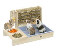 PawHut Râtelier à Foin en Bois pour Lapin - Mangeoire Lapin 3 en 1 avec Bac à Litière et Bouteille d'eau - Station de Nourrissage avec Bols en INOX pour Lapin Nain et Cochon d'Inde, Bois Naturel