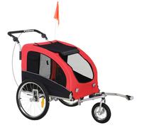 HOMCOM Remorque vélo Jogger 2 en 1 pour Animaux Drapeau Roue Avant pivotante réflecteurs et Barre d'attelage Inclus Rouge Noir