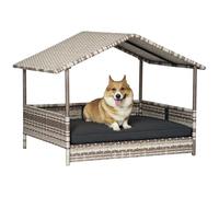 PawHut rotin Maison pour Chien avec Coussin, lit pour Chien en Forme de Maison, Niche pour Chien en Plein air, Cadre en Acier, Plastique, Gris, 69 x 98 x 70 cm