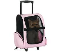 PawHut Sac de Transport à roulettes pour Chien 2 en 1 Trolley Chariot Sac à Dos pour Chien Chat avec poignée téléscopique, Sacs de Rangement, aérations, Attache de sécurité, 42 x 25 x 55 cm, Rose