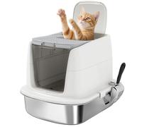 PawHut Stainless Steel Cat Litter Box L, bac à litière pour chat avec couvercle à charnière, pelle en métal, sac désodorisant, facile à nettoyer, anti-fuite, blanc