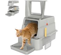 PawHut Stainless Steel XXL Enclosed Cat Litter, 3-in-1 Cat Toilet 80L with 180° Folding Lid, Foot Pedal and Scoop, Non-Stick, Odour-Resistant, Easy to Clean, Light Grey (en anglais)