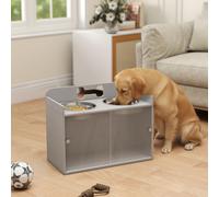 PawHut Station d'alimentation surélevée avec 2 gamelles et placard, MDF, acier inoxydable, motif os, Gris