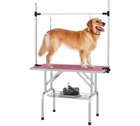 PawHut Table de toilettage pliable, table de toilettage avec panier en métal, plan de travail antidérapant, barre réglable en acier inoxydable, pour chiens, chats, 107x60x164 cm, rose