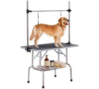 PawHut Table de Toilettage Pliante pour Chien Chat 107x60x76cm 100kg Noir | Potence H Inox Réglable, Station Robuste, Surface Antidérapante, 2 Sangles, Panier Maille, Idéal Domicile