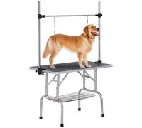 PawHut Table de toilettage pour Chien Chat Animaux, Pliante 107x60x76cm - Potence H INOX réglable - Station Robuste 100kg avec Surface antidérapante - 2 Sangles, Panier Maille - idéal Domicile - Noir