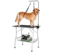 PawHut Table de Toilettage pour Chien Pliante 90x60x76cm, Stable Noir | Plateau Antidérapant Caoutchouc, 2 Sangles, Potence Réglable Inox et Panier, Station d'Entretien pour Petits/Moyens Chiens