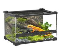 PawHut Terrarium en verre pour reptiles avec fond en pierre, ventilation avant, serrure à bouton anti-fuite, cloison en verre pour lézards, grenouilles à cornes, serpents, 30 x 20 x 20 cm, noir