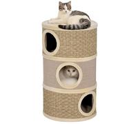 PawHut Tonneau à chat - Hauteur : 79 cm - Diamètre : 45 cm - Avec 3 étages - Corde en sisal - Grotte en peluche - Arbre à chat pour grands chats - Kaki + café