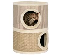 PawHut Tonneau à Gratter pour Chat, 35,5 x 35,5 x 49 cm Kaki et Café | Arbre à Chat, Sisal Naturel, Herbiers Marins, Recouvert de Peluche