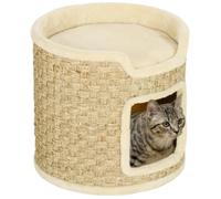 Panier coussin griffoir chat 3 en 1 design tonneau - Ø 38 x 37H cm - jonc de mer peluche beige